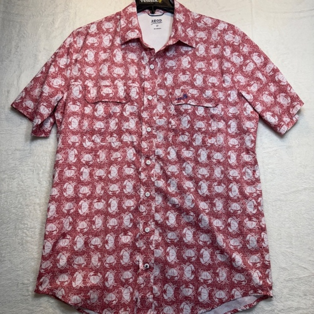 IZOD Saltwater Shirt Mens Size Large Tall Red All over Crab Print Short Sleeve